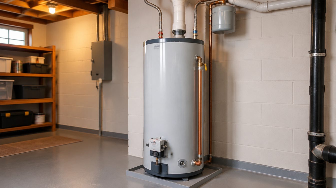 Illustrative water heater installation imagery (AI-generated filler, not an Anderson job photo)